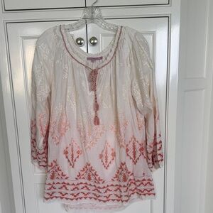 Calypso St. Barth White Tunic with Coral Embroidery and Tassel Tie